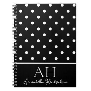 Zwart-wit Polka Dots Monogram Initiaal Notitieboek