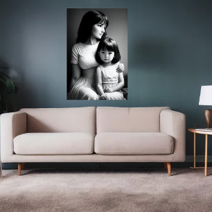 Zwart Wit portret Moeder en dochter AI Art Poster