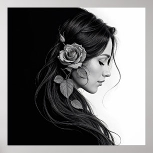 Zwart-wit portret van mooie vrouw kunst poster