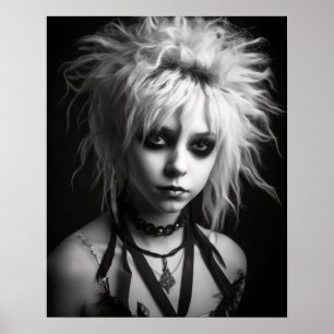 Zwart-wit poster van een jonge punk vrouw