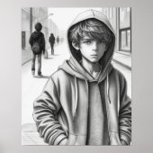 Zwart & Wit Potlood Tekening Sad Boy AI Art Poster (Voorkant)