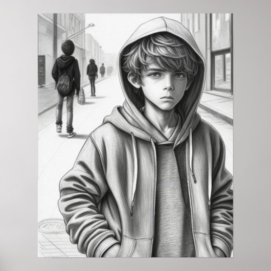 Zwart & Wit Potlood Tekening Sad Boy AI Art Poster (Voorkant)