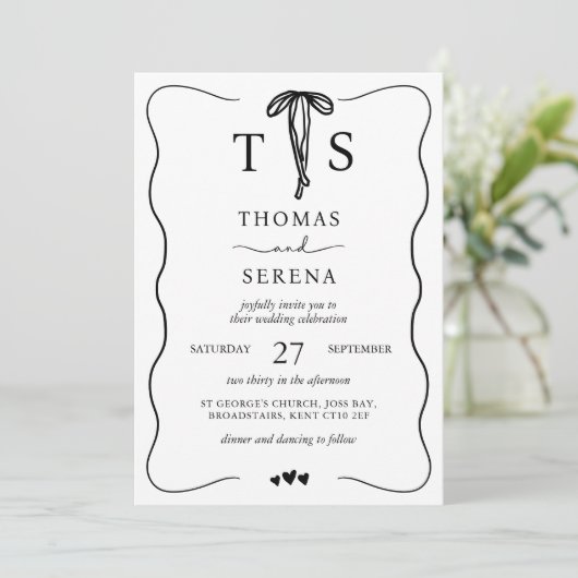 Zwart Wit QR Code Hand Getrokken Wavy Curve Bow Kaart (Staand voorkant)