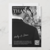 Zwart-wit QR code magazine cover bruiloft Bedankkaart (Voorkant)
