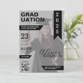 Zwart-wit qr code magazine foto afstuderen kaart (Staand voorkant)