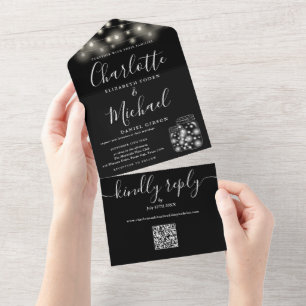 Zwart-wit QR-code Mason Jars Lichtsnoeren Bruiloft All In One Uitnodiging