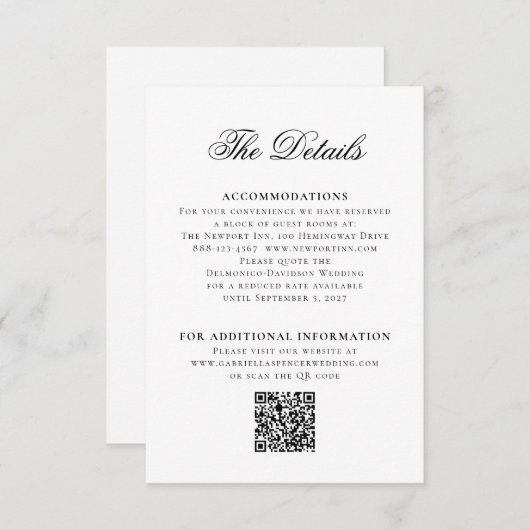 Zwart Wit QR Code Monogram Crest Wedding Details Informatiekaartje (Voorkant / Achterkant)