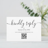 Zwart Wit QR Code Script Bruiloft vriendelijk antw RSVP Kaartje (Staand voorkant)