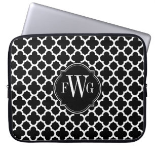 Zwart-wit Quatrefoil Patroon Monogram Laptop Sleeve