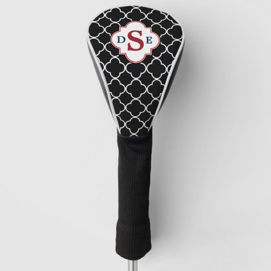 Zwart Wit Quatrefoil Rood Monogram Golfheadcover (Voorkant)
