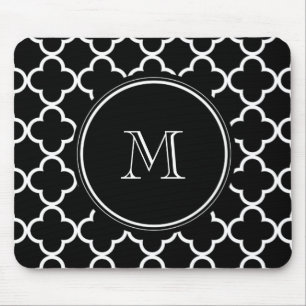 Zwart wit Quatrefoliepatroon, uw monogram Muismat