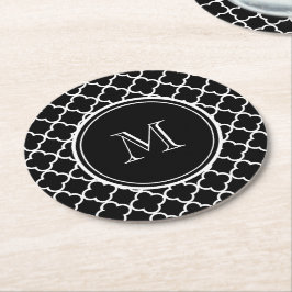 Zwart wit Quatrefoliepatroon, uw monogram Ronde Kartonnen Onderzetter