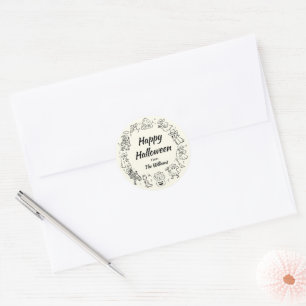 Zwart & Wit Quirky Hand Getekende Griezelige Hallo Ronde Sticker