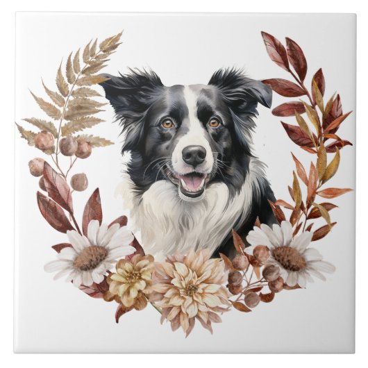 Zwart Wit Rand Collie Hond Herfst krans Tegeltje (Voorkant)