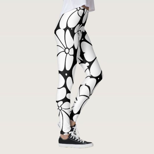 Zwart-wit Retro 70s Bloem Grafisch Ontwerp Leggings (Rechts)