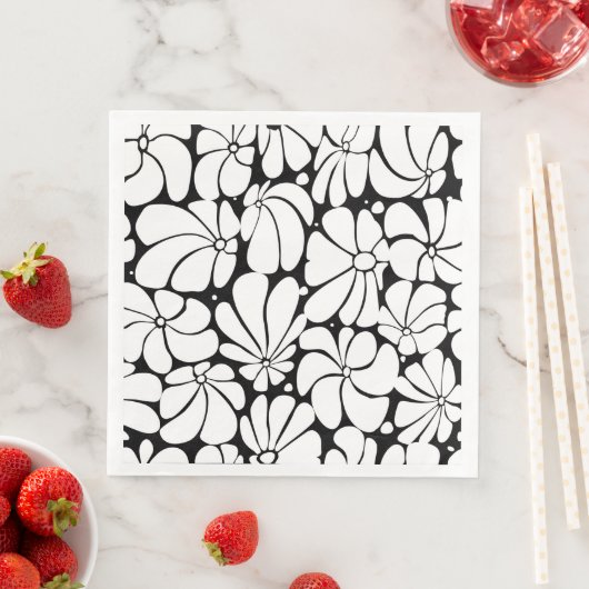 Zwart-wit Retro 70s Bloem Grafisch Ontwerp Servet (Insitu)