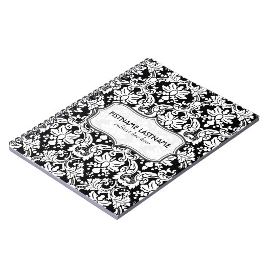 Zwart-wit Retro Bloemen Damasks Patroon Notitieboek (Linkerzijde)