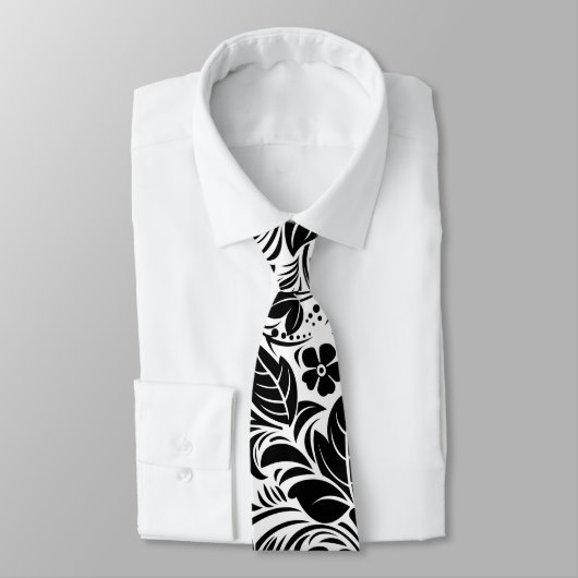 Zwart-wit retro bloemen en bladeren patroon stropdas (Gebonden)