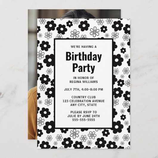 Zwart-wit Retro Bloemen Verjaardag Uitnodiging (Voorkant / Achterkant)
