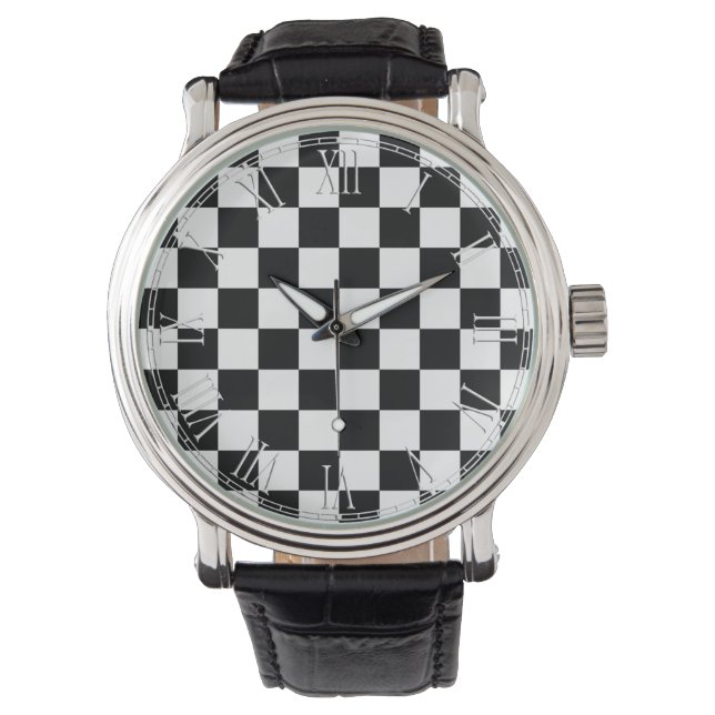 Zwart-wit Retro Kleurrijk Modern Checkerboard Horloge (Voorkant)
