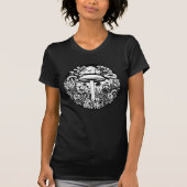 Zwart-wit Retro Paddenstoelen en Bloemen T-shirt (Voorkant)