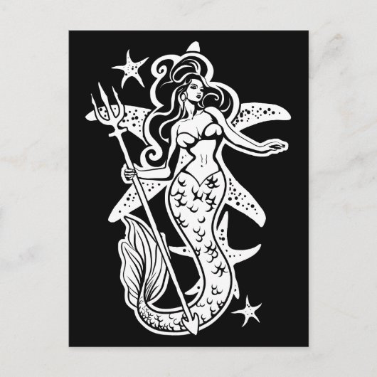 Zwart-wit Retro Pin-up Zeemeermin Briefkaart (Voorkant)