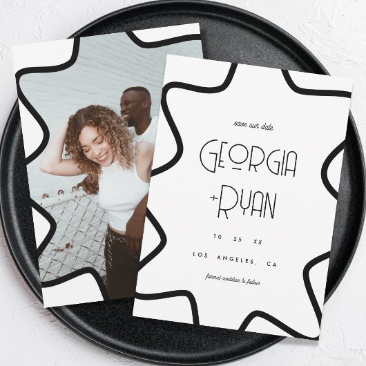 Zwart & Wit Retro Wavy Edge Lijst Winterbruiloft Save The Date