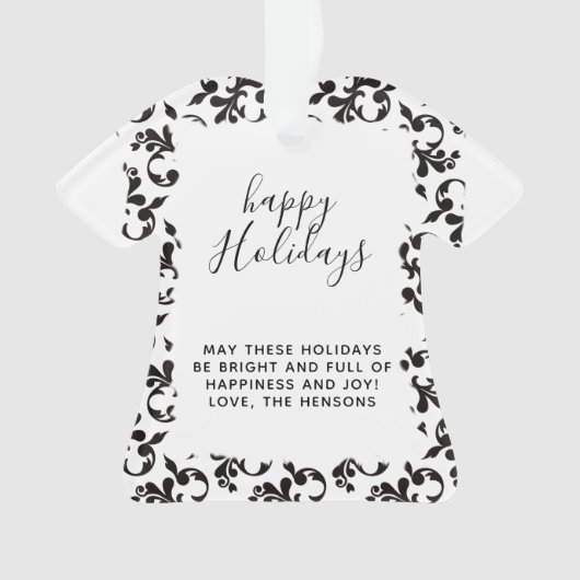 Zwart-wit Rococo Prettige feestdagen script Ornament (voorkant)