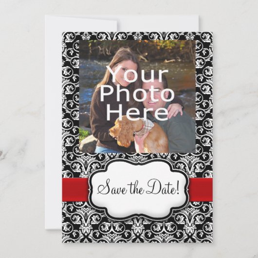 Zwart/Wit/Rode Band Damast Save the Date (Voorkant)