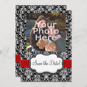 Zwart/Wit/Rode Lint Damast Save the Date (Voorkant / Achterkant)