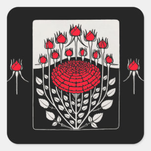 ZWART WIT RODE ROZEN, ROOSKNOPPEN Art Nouveau Bloe Vierkante Sticker