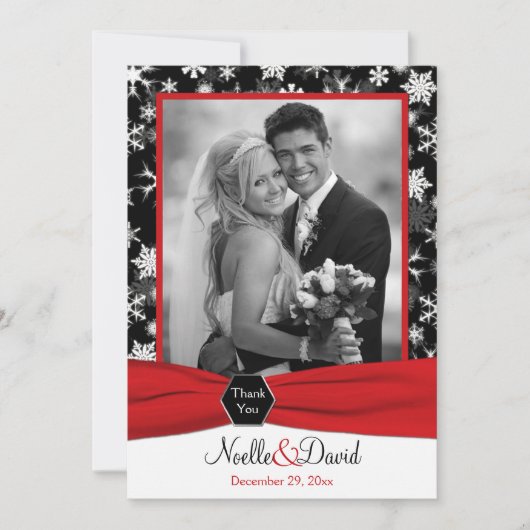 Zwart, Wit, Rode Sneeuwvlokken Bedankkaart - Plat (Voorkant)