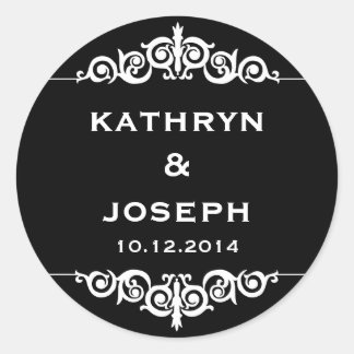 Zwart wit romantisch elegant scroll bruiloft gunst ronde sticker