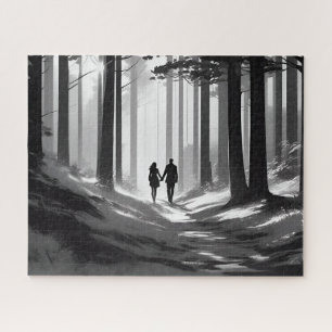 Zwart-wit romantisch paar lopen in het Bos Legpuzzel