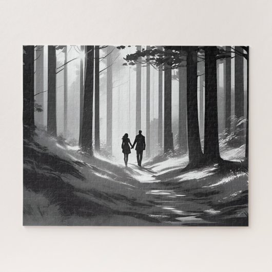 Zwart-wit romantisch paar lopen in het Bos Legpuzzel (Horizontaal)