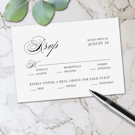 Zwart Wit Romantisch Script Maaltijdopties Trouwen RSVP Kaartje
