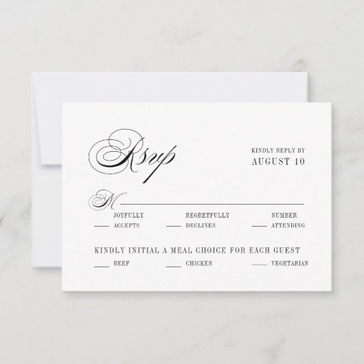Zwart Wit Romantisch Script Maaltijdopties Trouwen RSVP Kaartje (Voorkant)