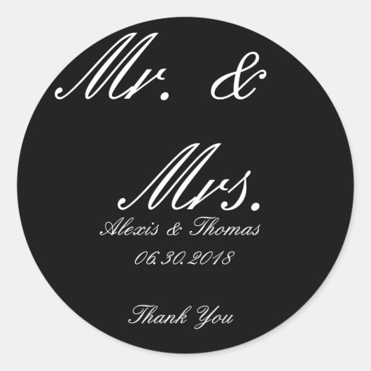 Zwart-wit Ronde Mr & Mrs Wedding Stickers (Voorkant)