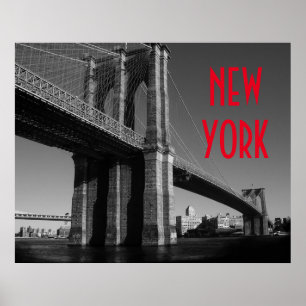Zwart Wit Rood Brooklyn Bridge New York Stad Poster