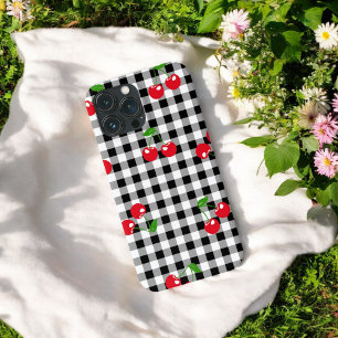 Zwart-wit rood Cherry Gingham Patroon iPhone 13 Pro Max Hoesje