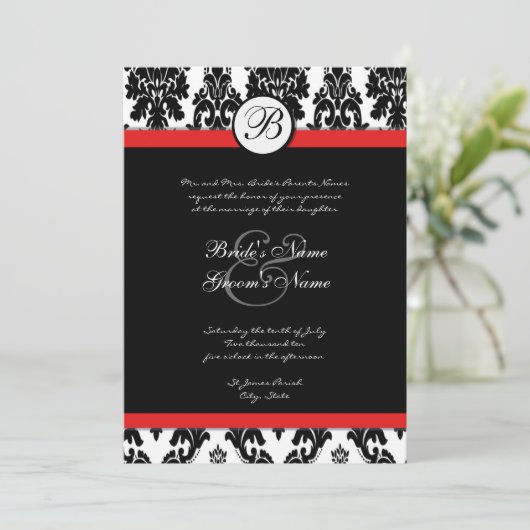 Zwart Wit Rood Damast bruiloft uitnodiging (Staand voorkant)