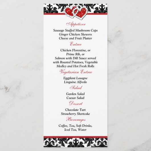 Zwart wit rood damast, harten bruiloft menu (Achterkant)