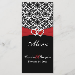 Zwart wit rood damast, harten bruiloft menu