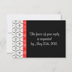 Zwart Wit Rood Damast Wedding RSVP Card Kaartje