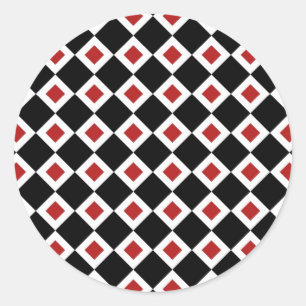 Zwart, wit, rood diamantpatroon ronde sticker