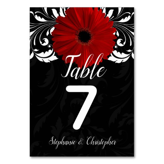 Zwart Wit Rood Gerbera Daisy Trouwtafel Nummer Kaart (Voorkant)