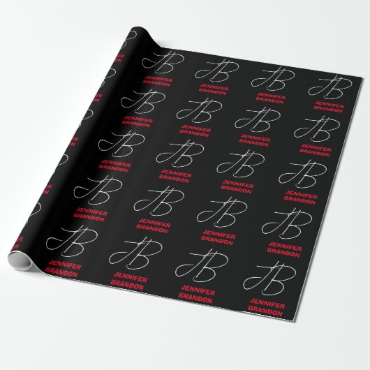 Zwart wit rood handschrift Monogram toevoegen Naam Cadeaupapier (Uitgerold)