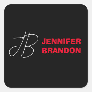 Zwart wit rood handschrift Monogram toevoegen Naam Vierkante Sticker