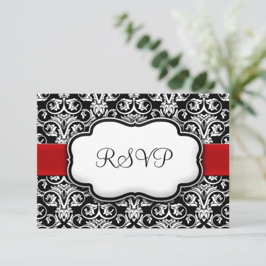 Zwart/Wit/Rood Lint Damask Bruiloft RSVP Antwoord (Staand voorkant)
