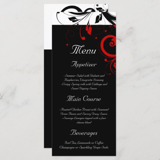 Zwart, wit, rood omgekeerde werveling bruiloft men menu (Voorkant / Achterkant)